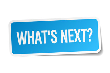 whats next blue square sticker isolated on white