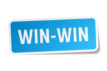 win-win blue square sticker isolated on white