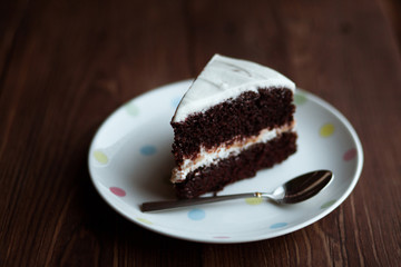 Chocolate cake in white plate on wooden table