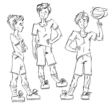 Set of vector full-length hand-drawn Caucasian teens with a socc