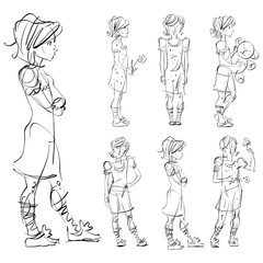 Set of vector full-length hand-drawn Caucasian teens, black and