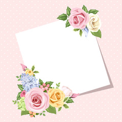 Card with colorful roses and lisianthus flowers. Vector eps-10.