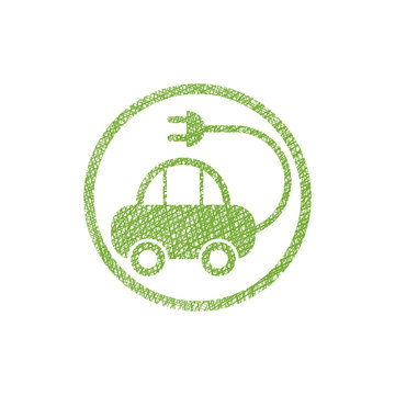 Green Ecological Electric Car Sign With Hand Drawn Lines Texture