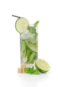 refreshing cocktail mojito with cane sugar, lime and mint