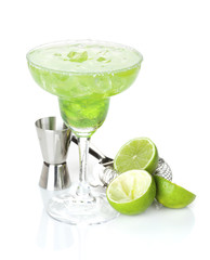 Classic margarita cocktail with salty rim with li