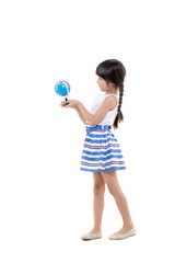 Little Asian girl looking and holding the globe