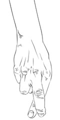Cheater hand with crossed fingers, detailed black and white line