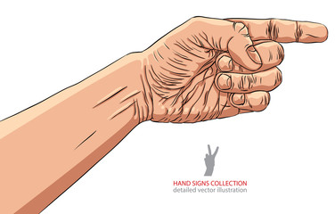 Finger pointing hand, detailed vector illustration, hand sign.