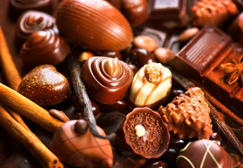 Chocolates assortment. Praline chocolate sweets