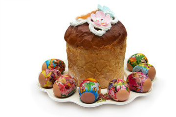 Traditional Easter Pie and decoration eggs on a plate