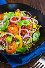 Salad with lentil, tomatoes, bell pepper and red onion