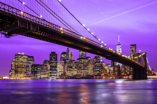 Fototapeta Panoramę Nowego Jorku Manhattan Brooklyn Bridge w nocy