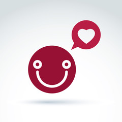 Smiling happy person in love, red speech bubble with loving hear