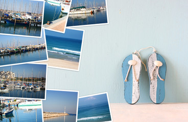 collage with yachts, boats, lighthouse and a coast. Nautical con