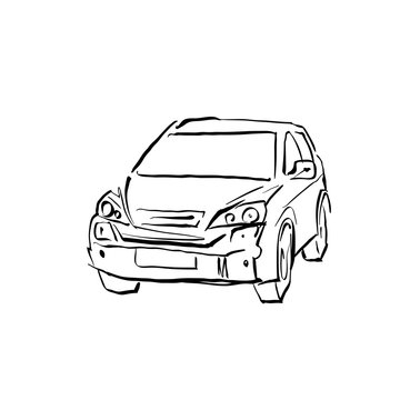 Black and white hand drawn car on white background, illustrated