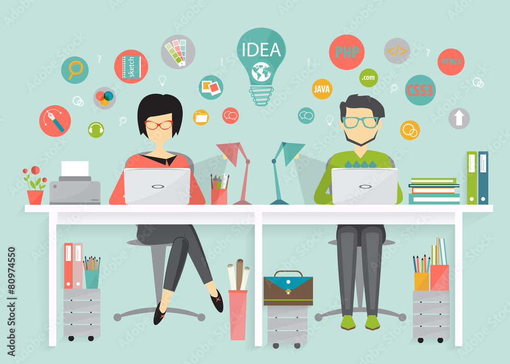 Poster designer and programmer, work process, flat design style