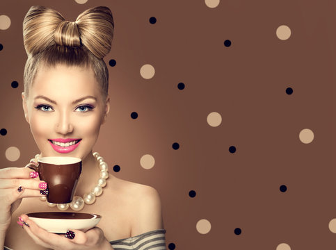 Beauty Fashion Model Girl Drinking Coffee Or Tea