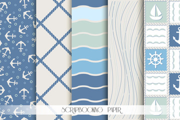 Set of blue and white sea patterns. Scrapbook design elements.