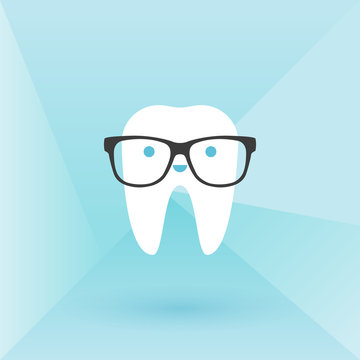 Hipster tooth with glasses. Low poly background