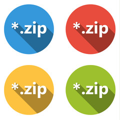 Collection of 4 isolated flat buttons (icons) for zip extension