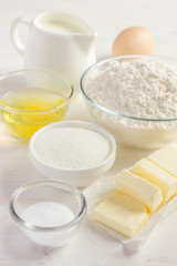 Ingredients for baking on the white wooden table