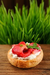 Sandwich with gravlax, parsley, scallion and cream cheese on spr