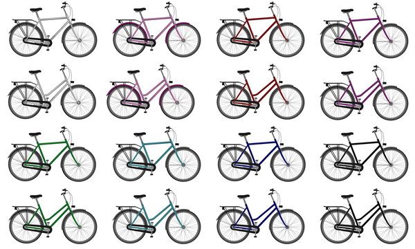 Set of colorful male and female bicycles - 3D render