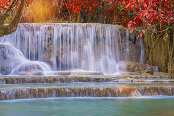 Waterfall in rain forest (Tat Kuang Si Waterfalls at Luang praba