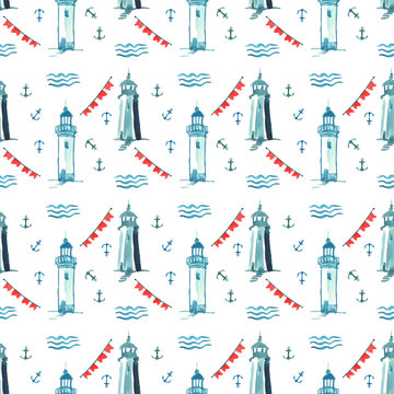 watercolor pattern sea with lighthouse