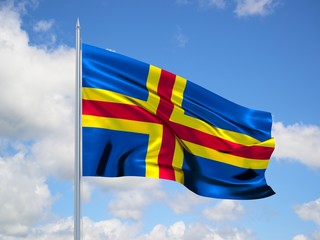 Aland Islands 3d flag floating in the wind in blue sky