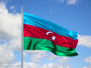 Fototapeta na wymiar Azerbaijan 3d flag floating in the wind in blue sky