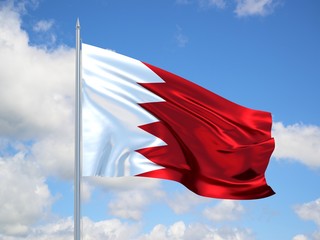 Naklejka na ściany i meble Bahrain 3d flag floating in the wind in blue sky