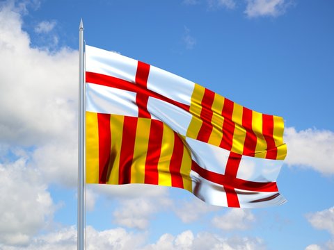 Barcelona 3d flag floating in the wind in blue sky