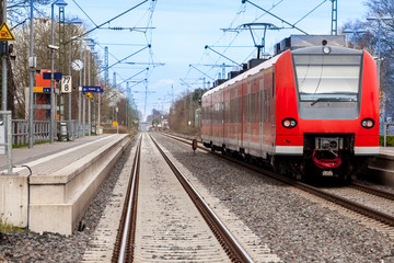 Fototapeta premium Modern train at the station. train on tracks.