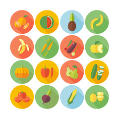 Set of flat design icons for fruits and vegetables.