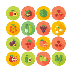 Set of flat design circle icons for fruits and vegetables.