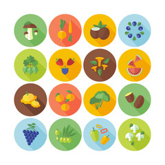 Set of flat circle icons. Fruits, vegetables and  mushrooms.