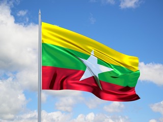 Burma 3d flag floating in the wind in blue sky