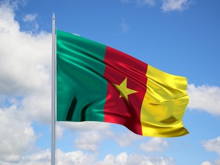 cameroon 3d flag floating in the wind in blue sky