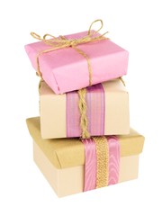 Stack of three handmade rustic pink and brown gift boxes