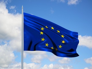 European Union 3d flag floating in the wind in blue sky