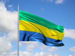 Gabon 3d flag floating in the wind in blue sky