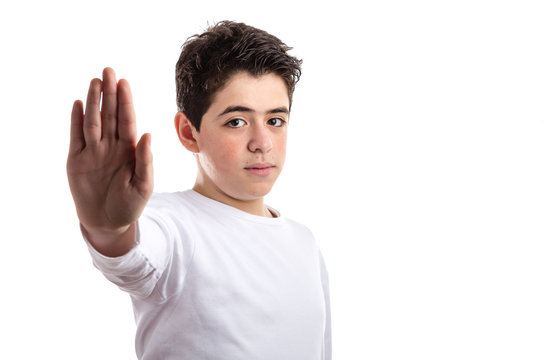 Talk to the hand gesture by Caucasian teen with acne skin