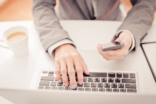 business, technology and internet concept - close up of man hand