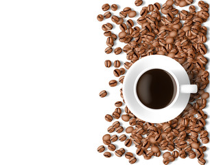 top view of coffee cup and coffee beans on white background