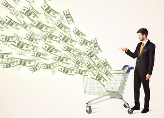 Fototapeta na wymiar Businessman with shopping cart with dollar bills
