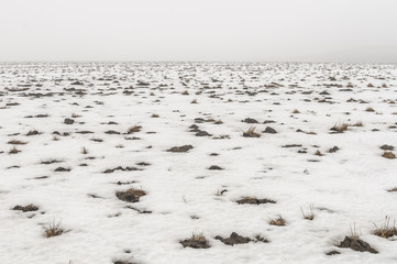 snow plowed field with thawed bumps in the fog