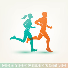Fototapeta na wymiar running man and woman silhouette, fitness tracker icons