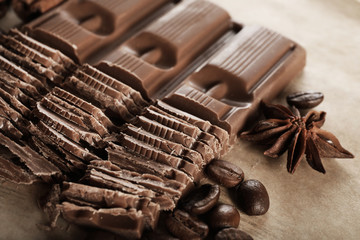 Chopped chocolate on parchment, closeup