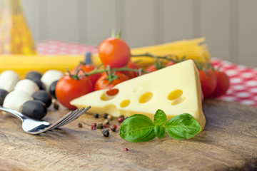 Italian classic ingredients for pasta on table